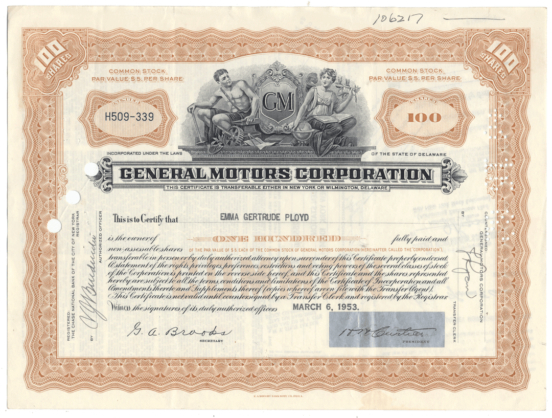 Vintage stock certificate of General Motors Corporation with decorative elements and text.