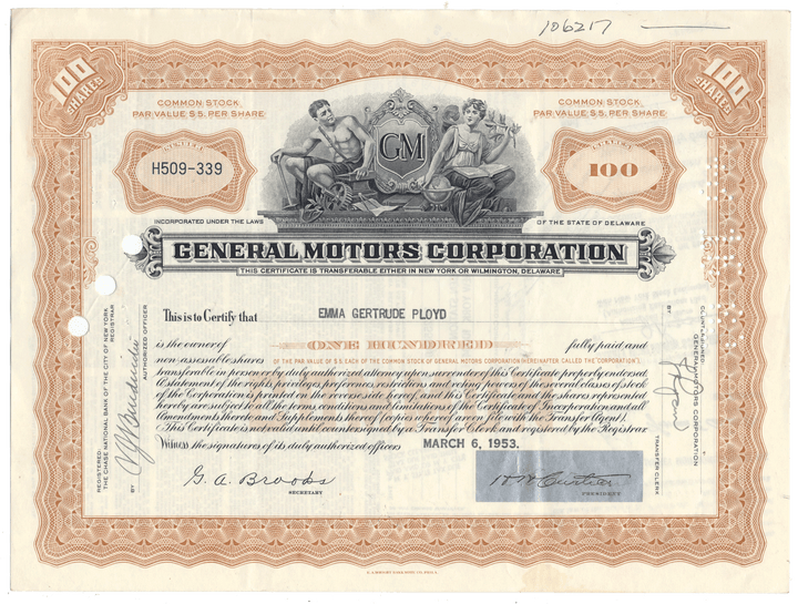 Vintage stock certificate of General Motors Corporation with decorative elements and text.