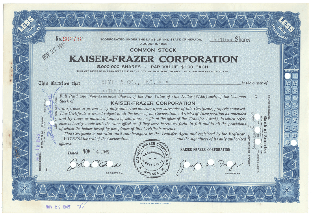 Kaiser-Frazer Corporation stock certificate with blue border and text