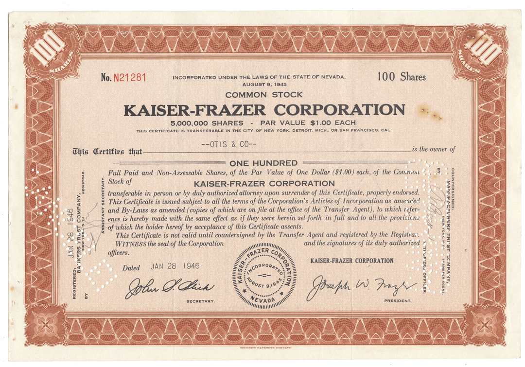 Kaiser-Frazer Corporation Stock Certificate