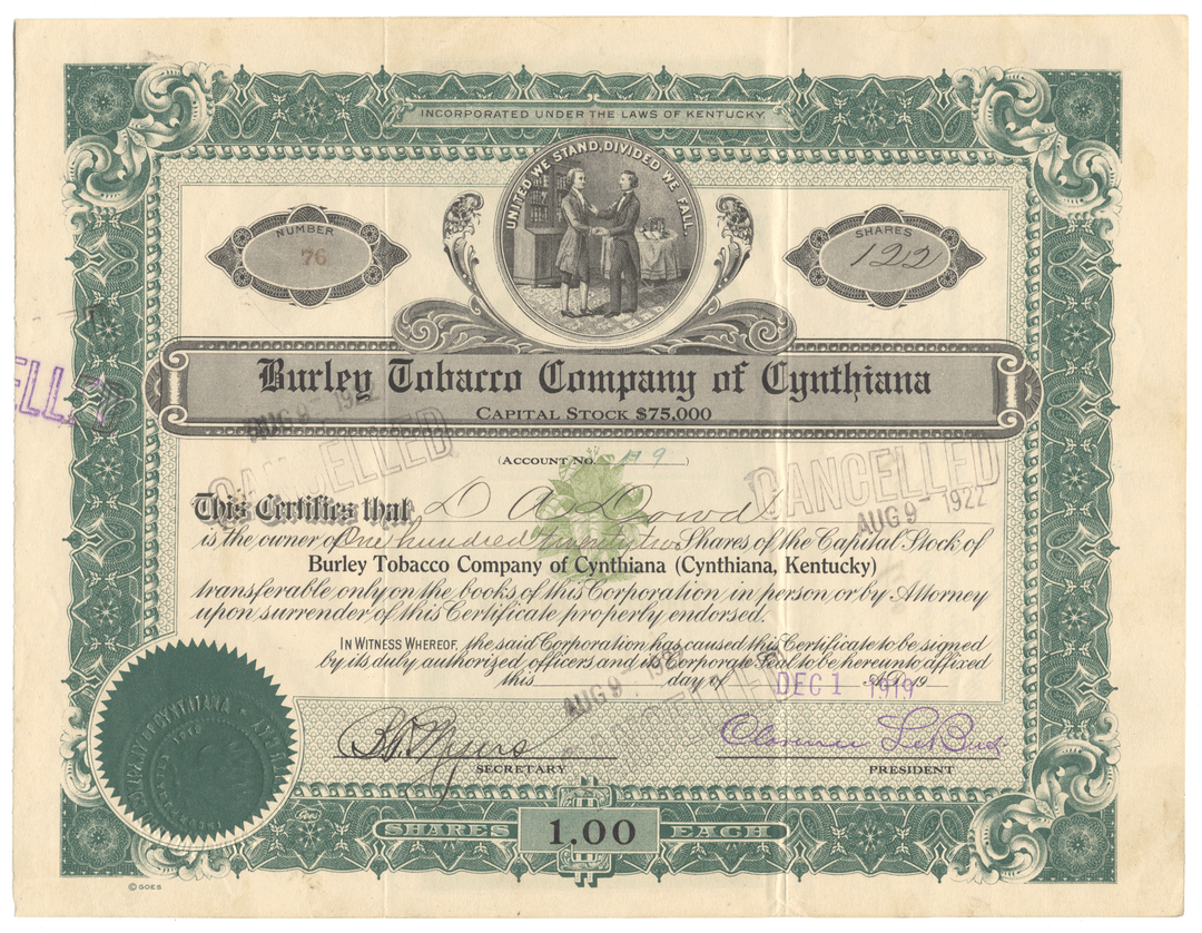 Burley Tobacco Company of Cynthiana Stock Certificate