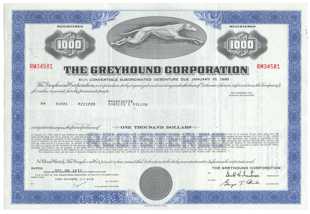 Greyhound Corporation Bond Certificate