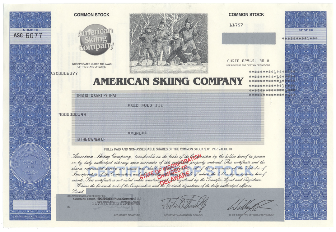 American Skiing Company Stock Certificate