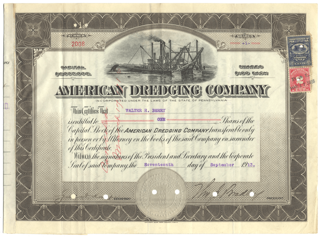 Vintage stock certificate of the American Dredging Company with ship illustration and text.