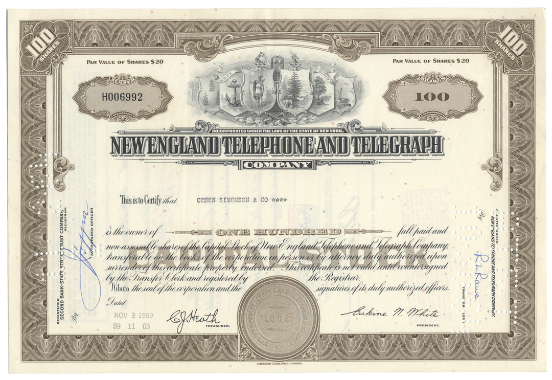 Vintage stock certificate of New England Telephone and Telegraph Company with decorative elements.