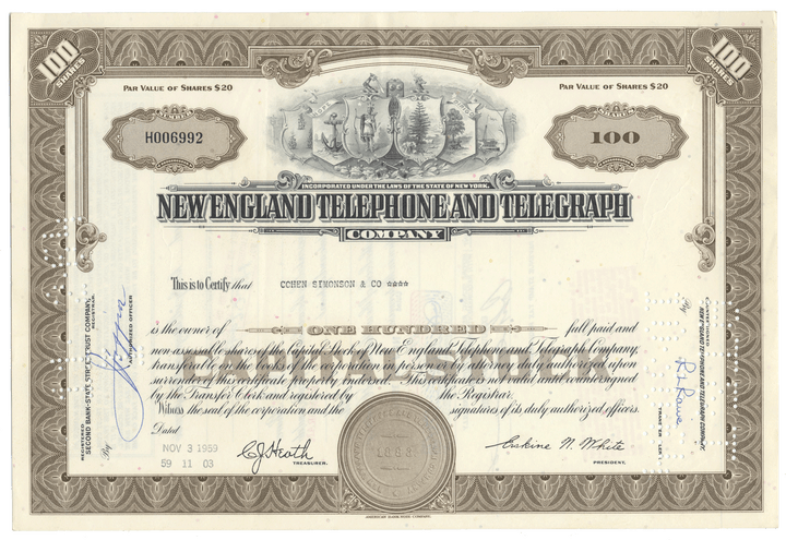 Vintage stock certificate of New England Telephone and Telegraph Company with decorative elements.