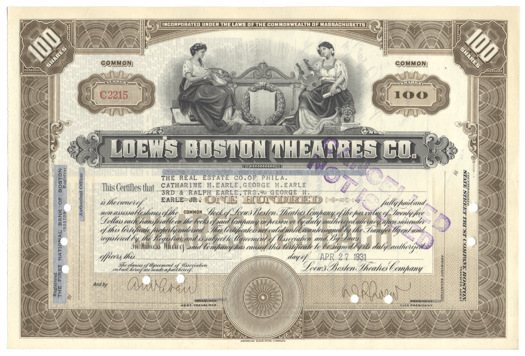 Loews Boston Theatres Co. stock certificate with decorative elements and text.