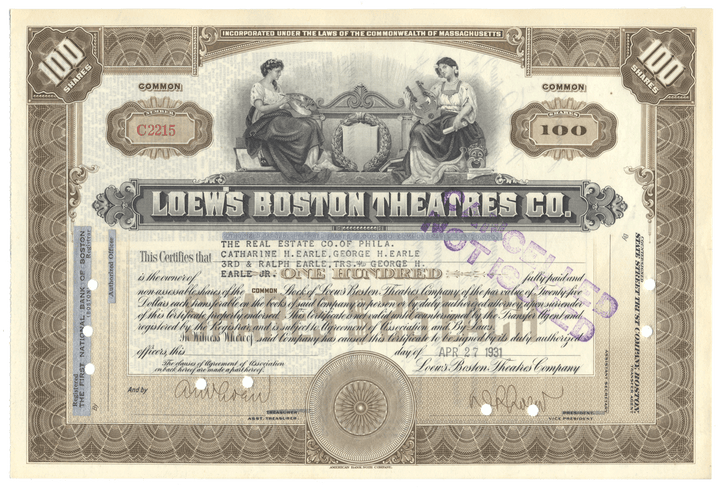Loews Boston Theatres Co. stock certificate with decorative elements and text.
