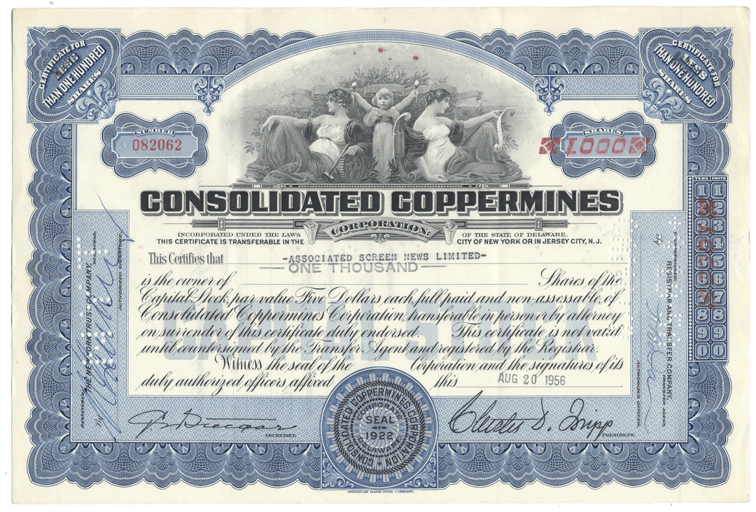 Vintage stock certificate for Consolidated Coppermines Company with blue and black design.
