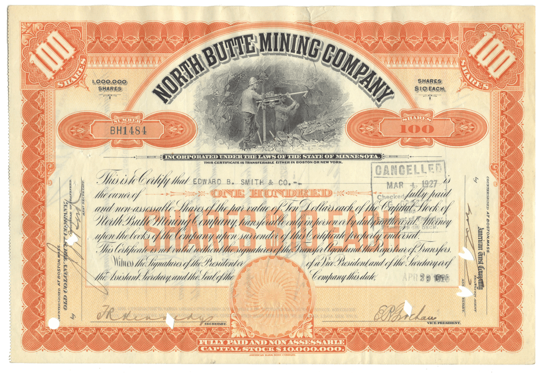 North Butte Mining Company stock certificate