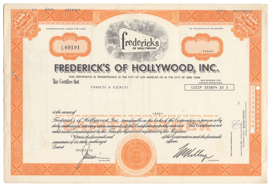 Frederick's of Hollywood, Inc. stock certificate with decorative border and text.