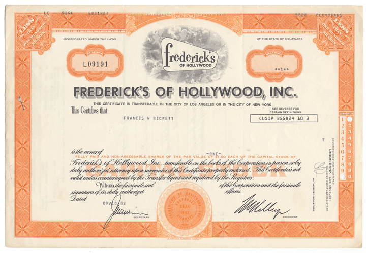 Frederick's of Hollywood, Inc. stock certificate with decorative border and text.