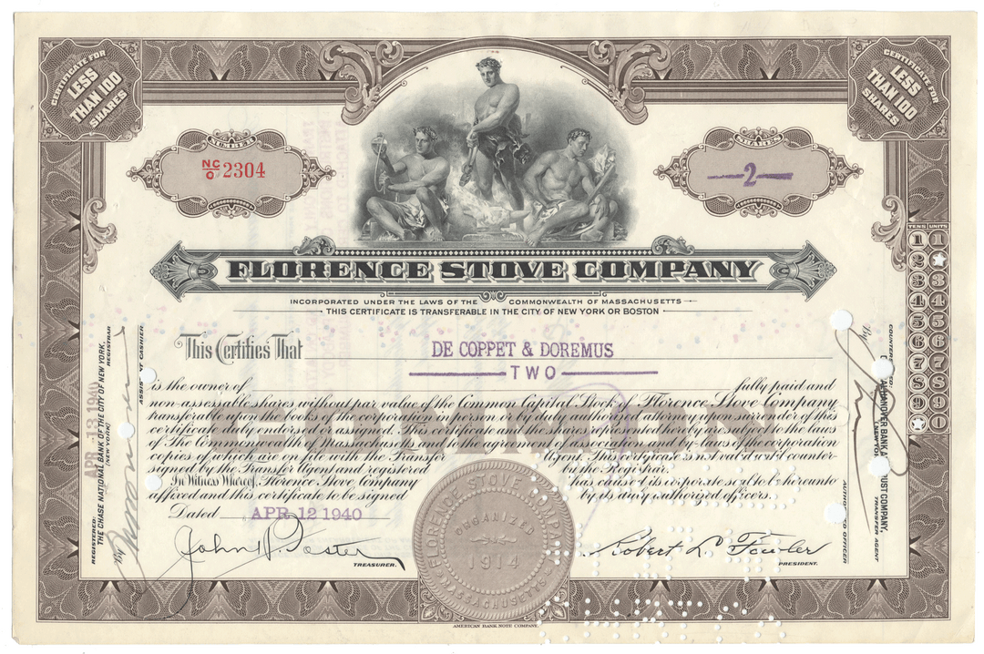 Vintage stock certificate from the Florence Stove Company with decorative elements and text.