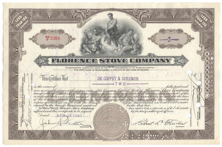 Vintage stock certificate from the Florence Stove Company with decorative elements and text.