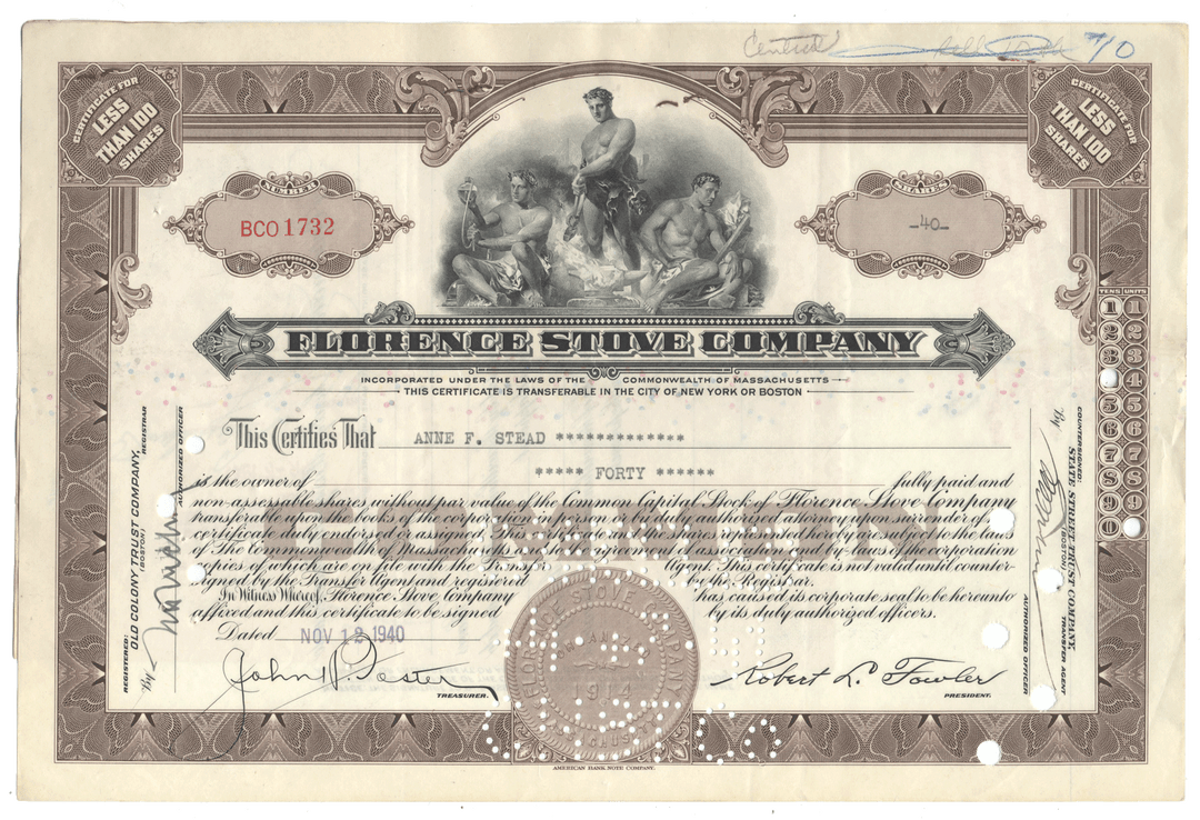 Florence Stove Company Stock Certificate