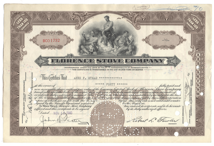 Florence Stove Company Stock Certificate