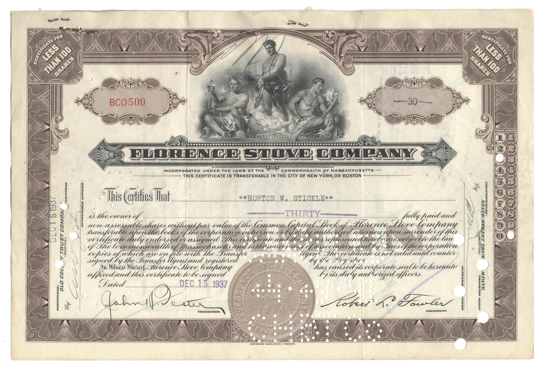 Florence Stove Company Stock Certificate