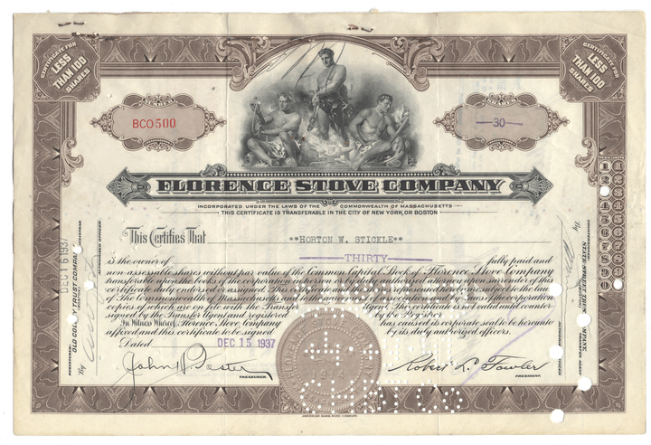Florence Stove Company Stock Certificate