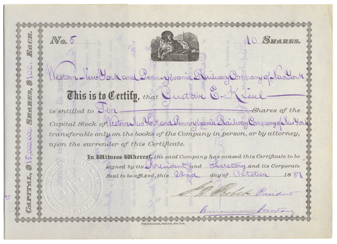 Western New York and Pennsylvania Railway Company of New York Stock Certificate