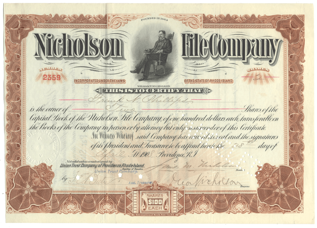 Nicholson Tile Company stock certificate with decorative elements and portrait.