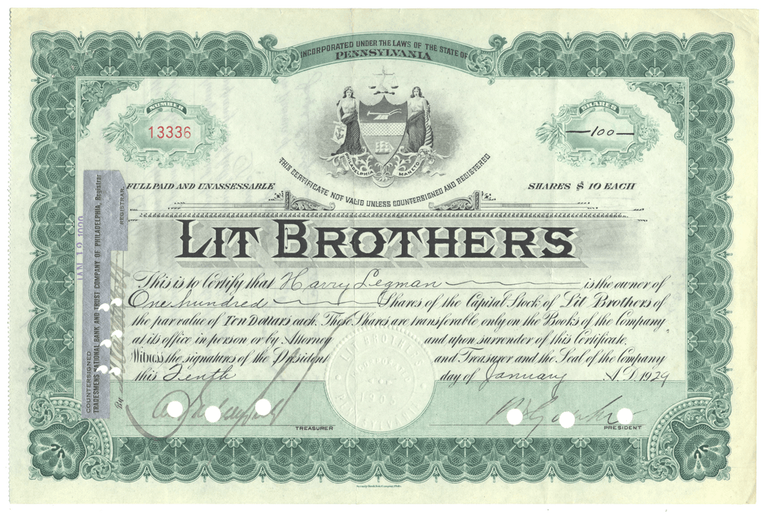 Vintage stock certificate for Lit Brothers with green and white design