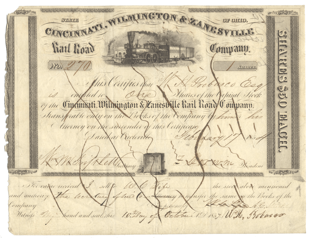 Historical stock certificate for Cincinnati, Wilmington & Zanesville Rail Road Company with a steam locomotive illustration.