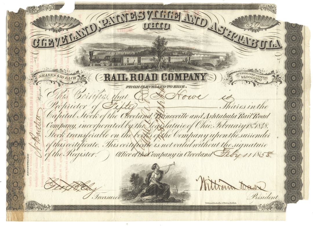 Cleveland, Painesville and Ashtabula Rail Road Company stock certificate from 1858