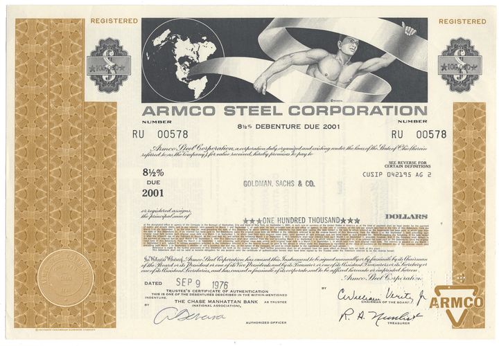 Vintage Armco Steel Corporation bond certificate with decorative elements and text.