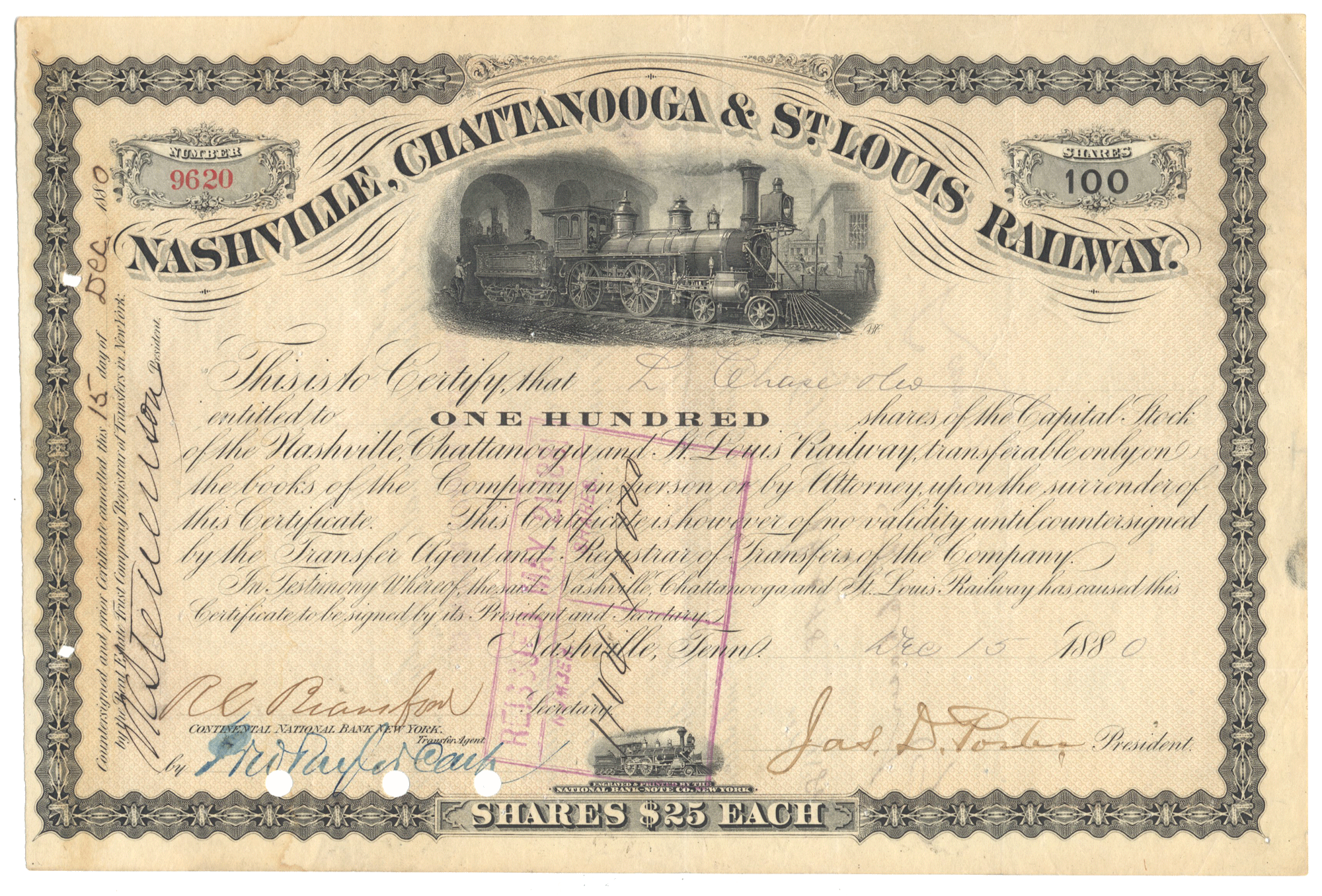 Nashville, Chattanooga & St. Louis Railway stock certificate with train illustration