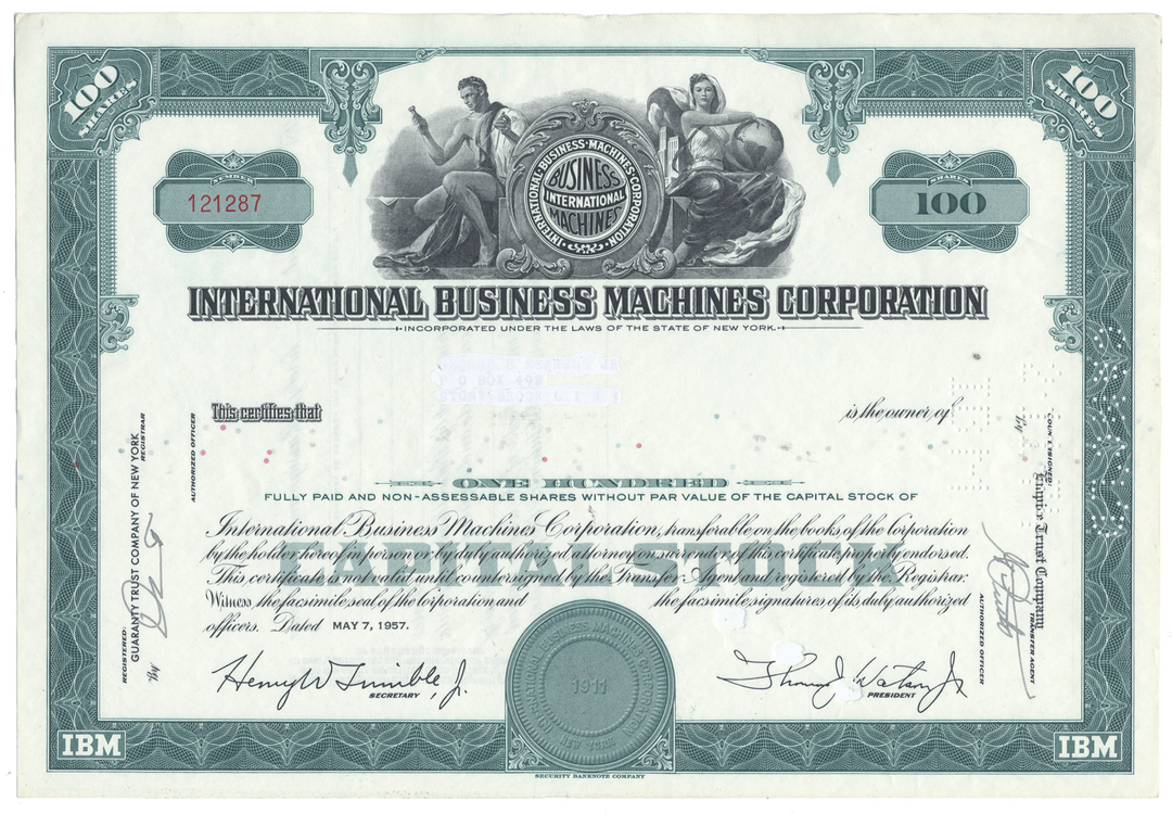 International Business Machines Corporation stock certificate with detailed design and text.