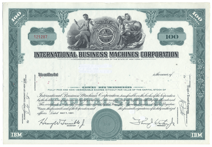 International Business Machines Corporation stock certificate with detailed design and text.