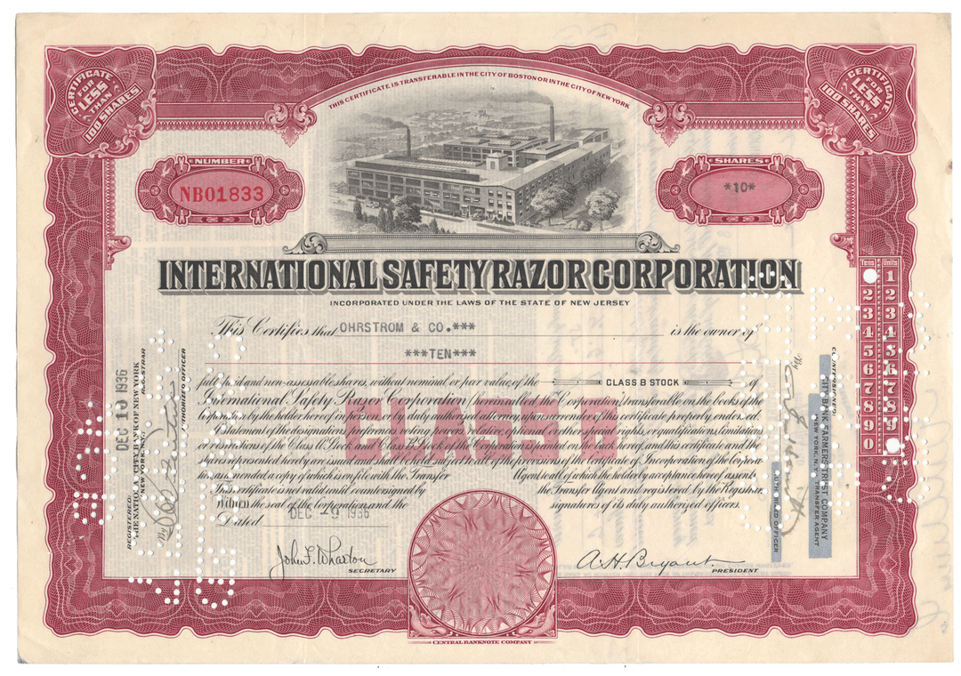 Vintage stock certificate for International Safety Razor Corporation with red and black design.