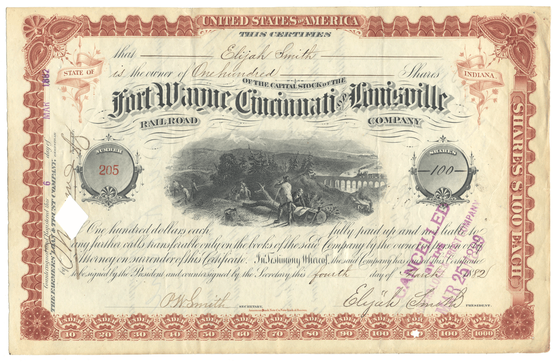 Fort Wayne, Cincinnati and Louisville Rail Road Company Stock Certificate