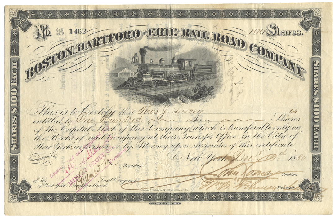 Boston, Hartford and Erie Rail Road Company Stock Certificate