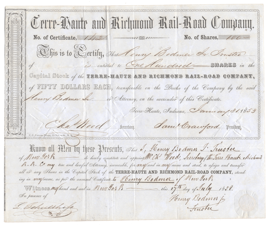 Stock Certificate from the Terre Haute and Richmond Rail-Road Company from 1853.