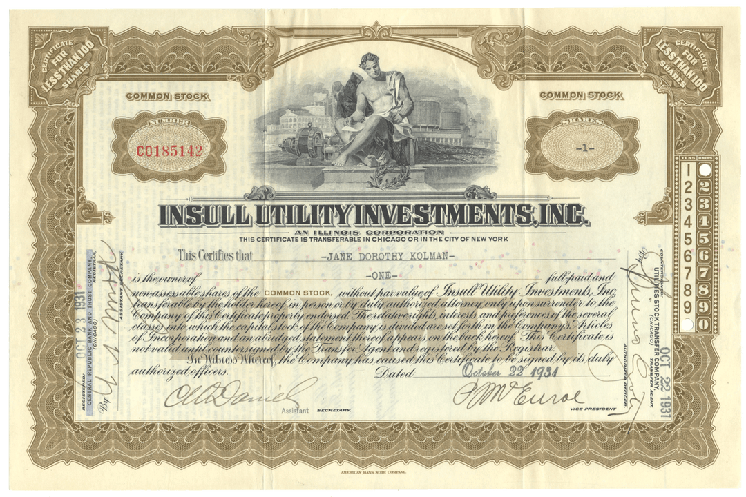 Insull Utility Investments, Inc. Stock Certificate