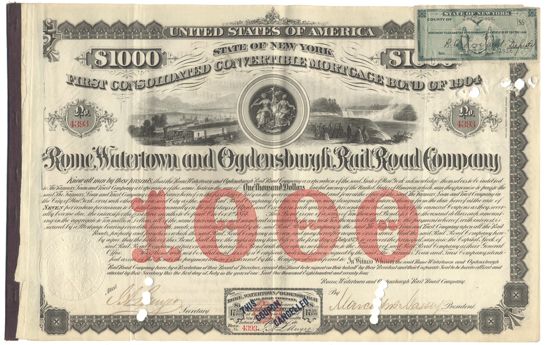 Vintage bond certificate from the Rome Watertown and Ogdensburg Rail Road Company.
