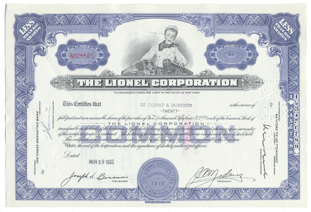Lionel Corporation Stock Certificate
