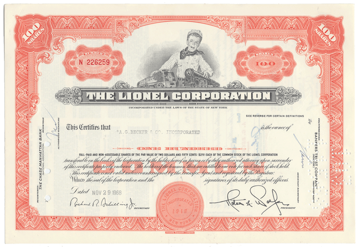 Lionel Corporation Stock Certificate