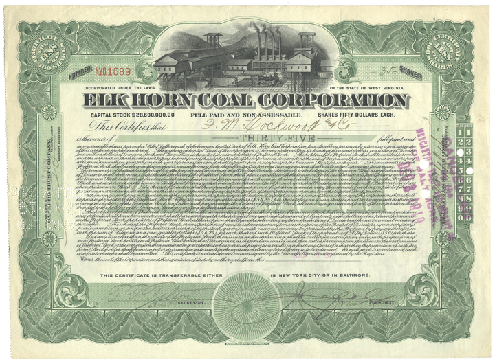 Elk Horn Coal Corporation stock certificate