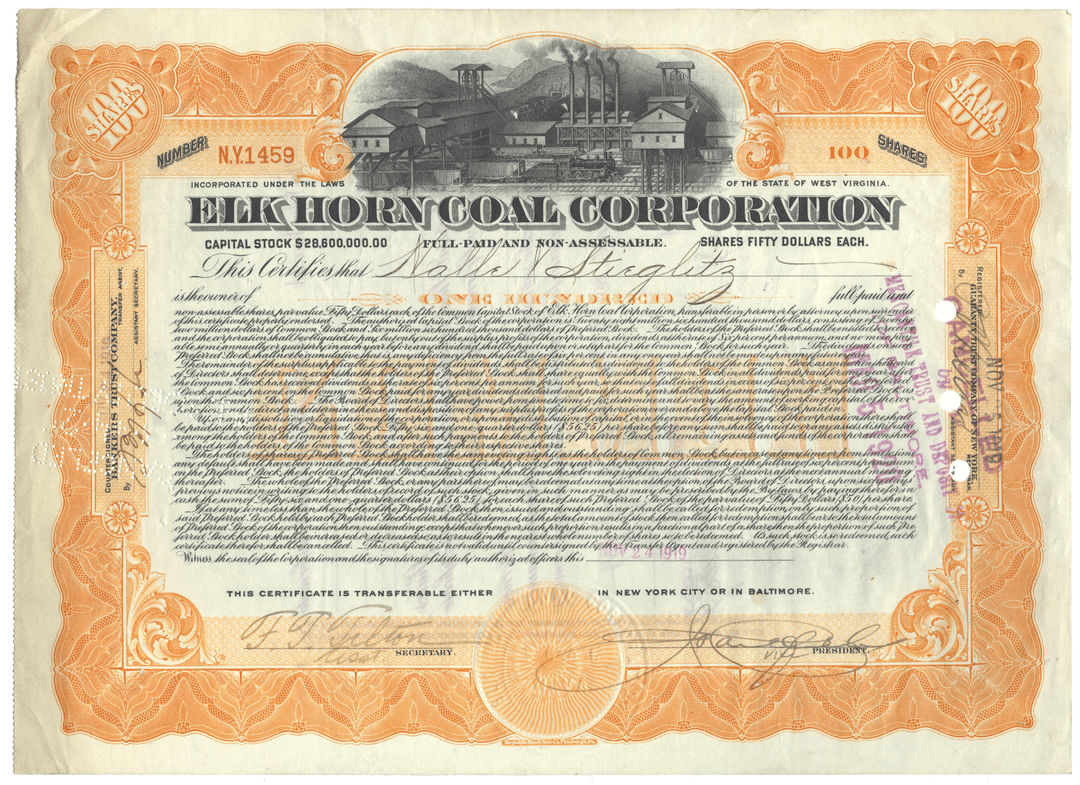 Vintage stock certificate of the Elk Horn Coal Corporation with ornate design elements.