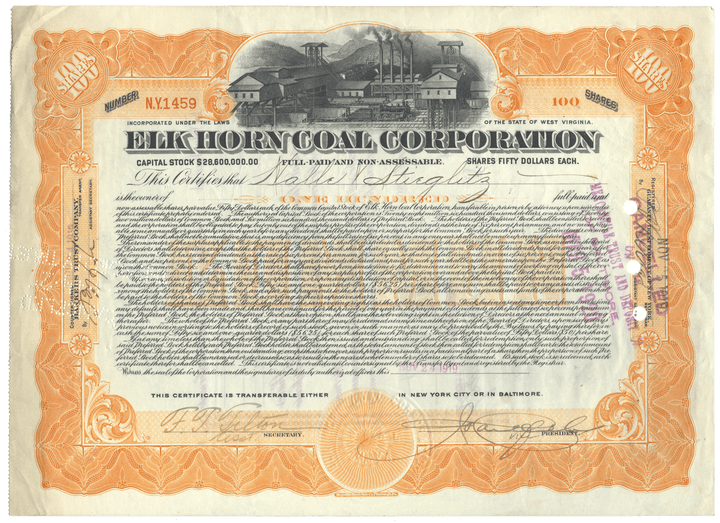 Vintage stock certificate of the Elk Horn Coal Corporation with ornate design elements.