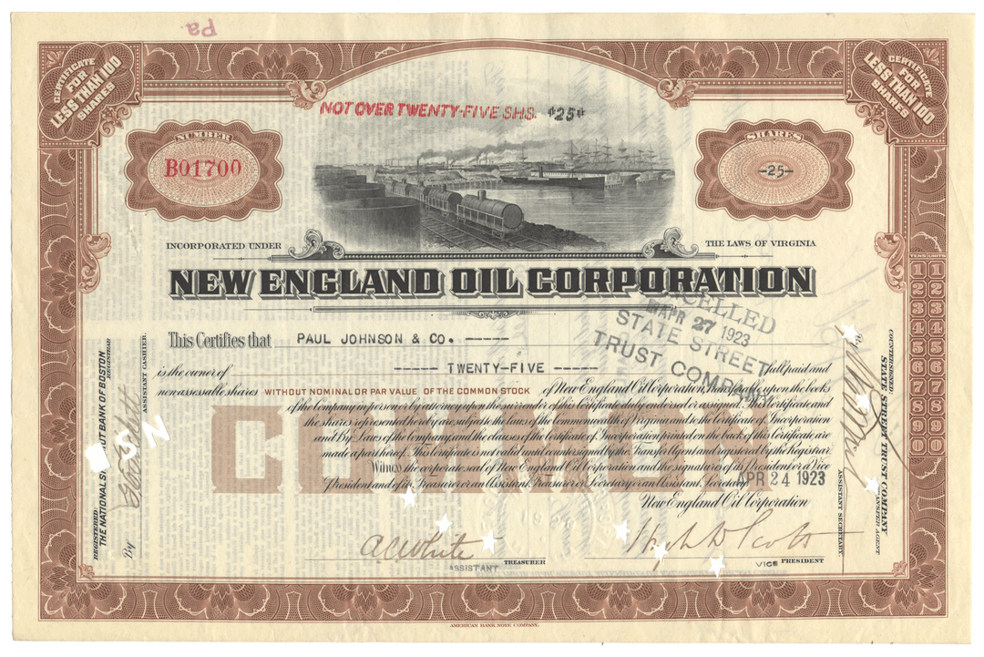New England Oil Corporation Stock Certificate