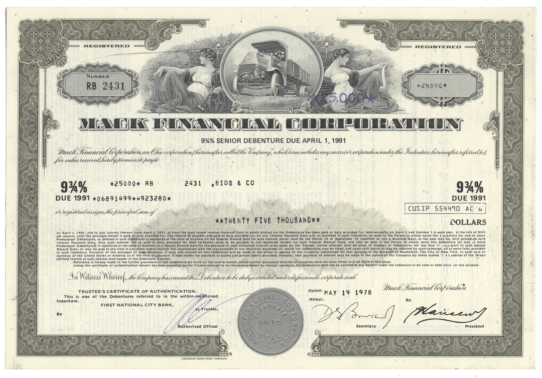 Financial certificate of the Mark Financial Corporation with decorative elements and text.