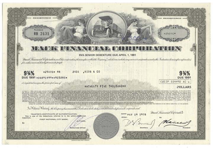 Financial certificate of the Mark Financial Corporation with decorative elements and text.