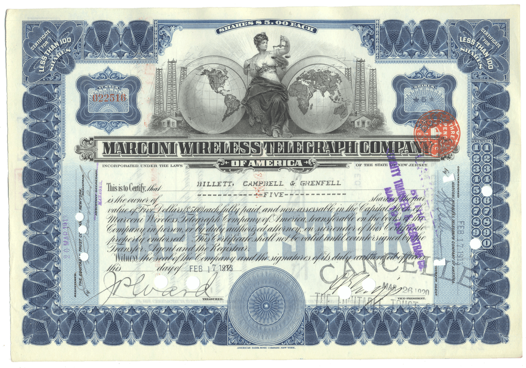 Marconi Wireless Telegraph Company of America stock certificate from 1913