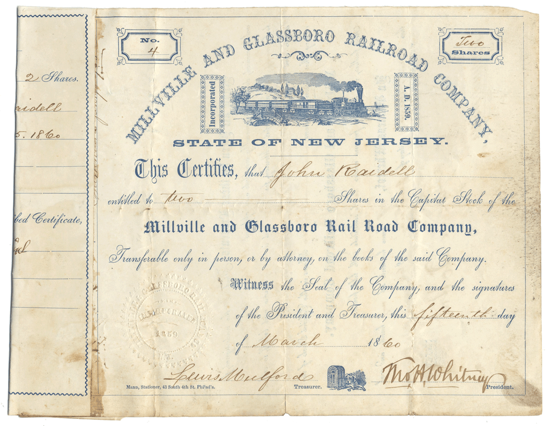 Vintage stock certificate from the Millville and Glassboro Railroad Company, State of New Jersey, with blue text and a steam locomotive illustration.