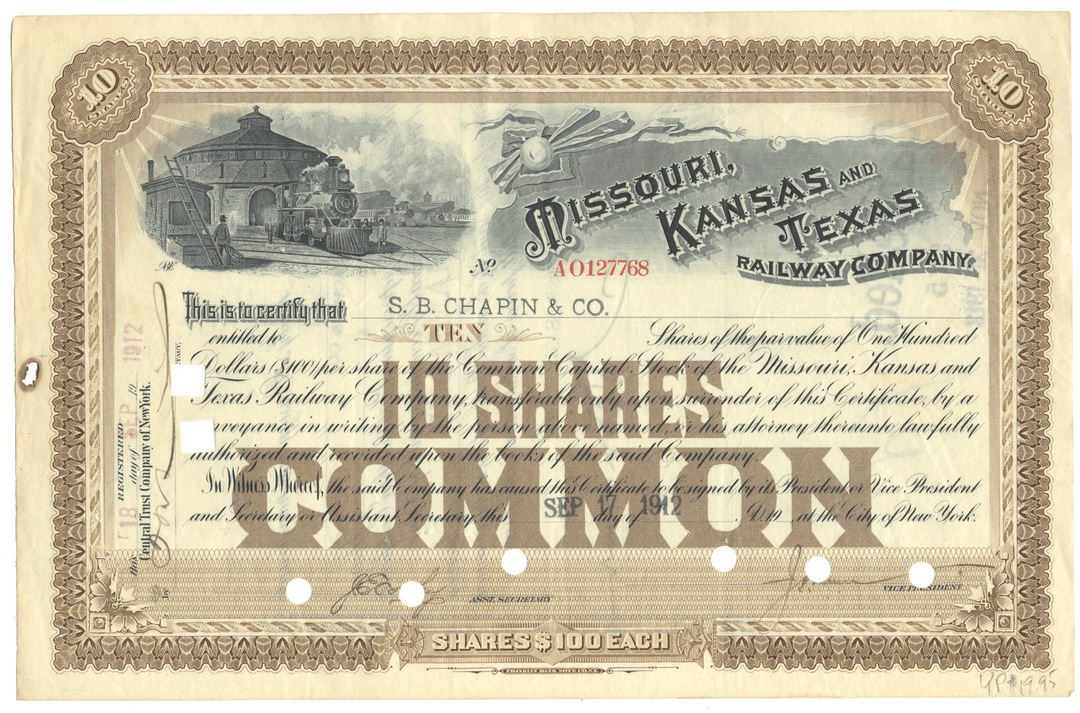 Missouri, Kansas and Texas Railway Company Stock Certificate