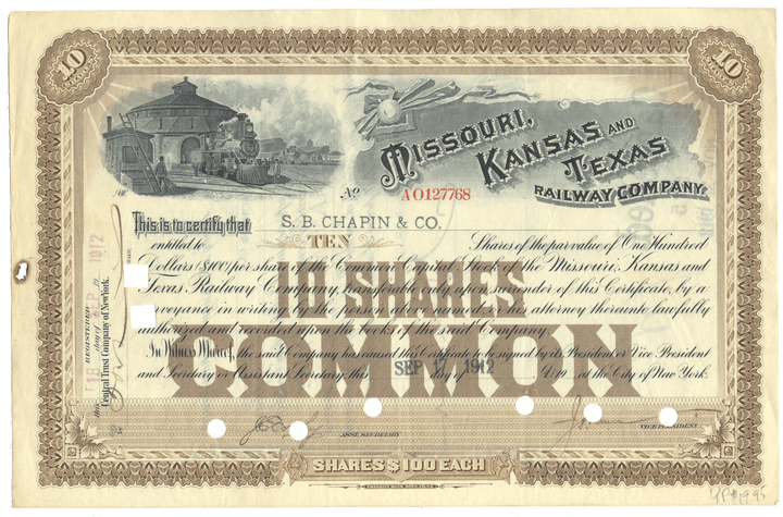 Missouri, Kansas and Texas Railway Company Stock Certificate