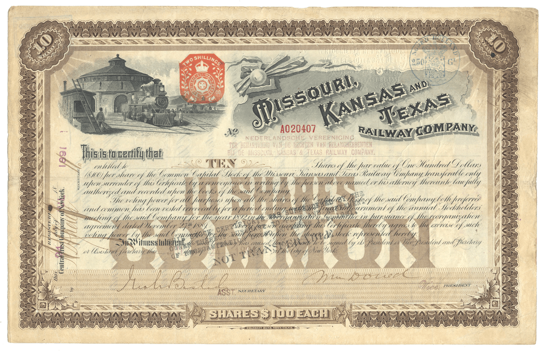 Missouri, Kansas and Texas Railway Company Stock Certificate